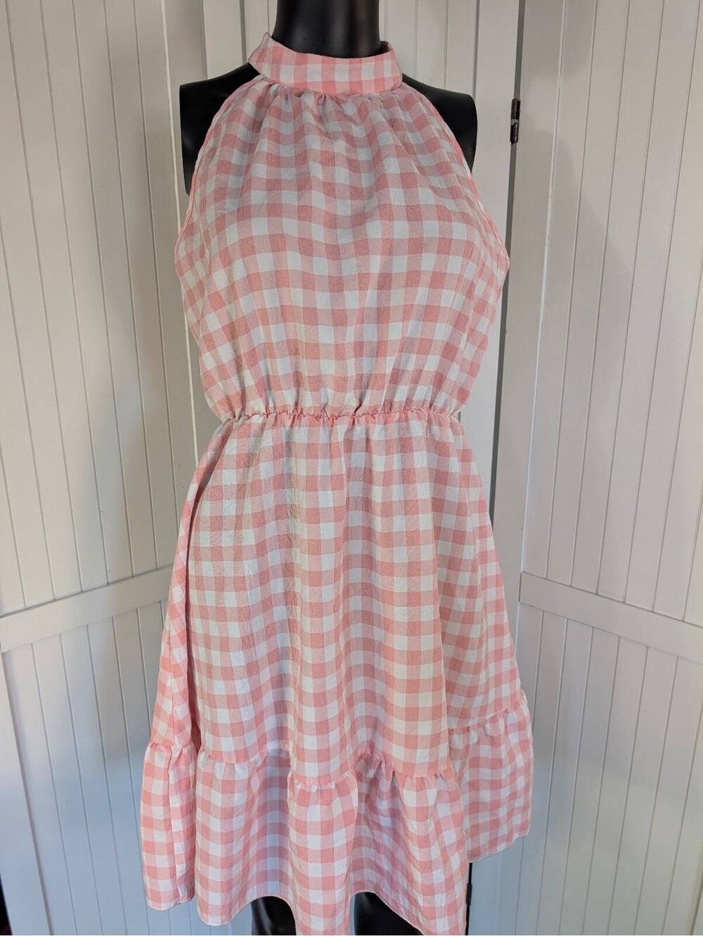 ABYOXI Pink White Gingham Halter Mini Dress Elastic Waist Tiered Ruffle M